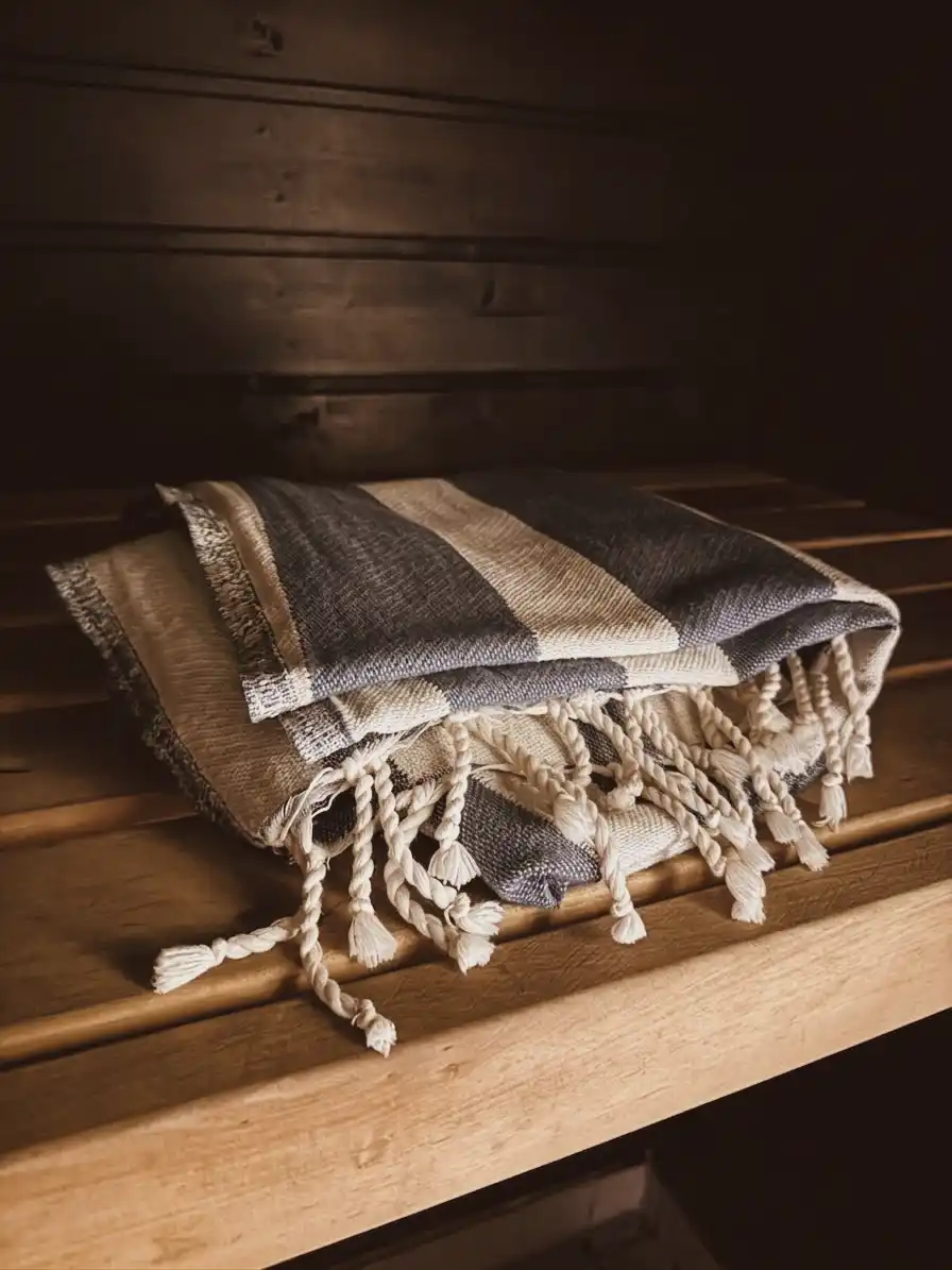 Hawuro fouta-pyyhe kuvattuna tummassa saunassa puisilla lauteilla