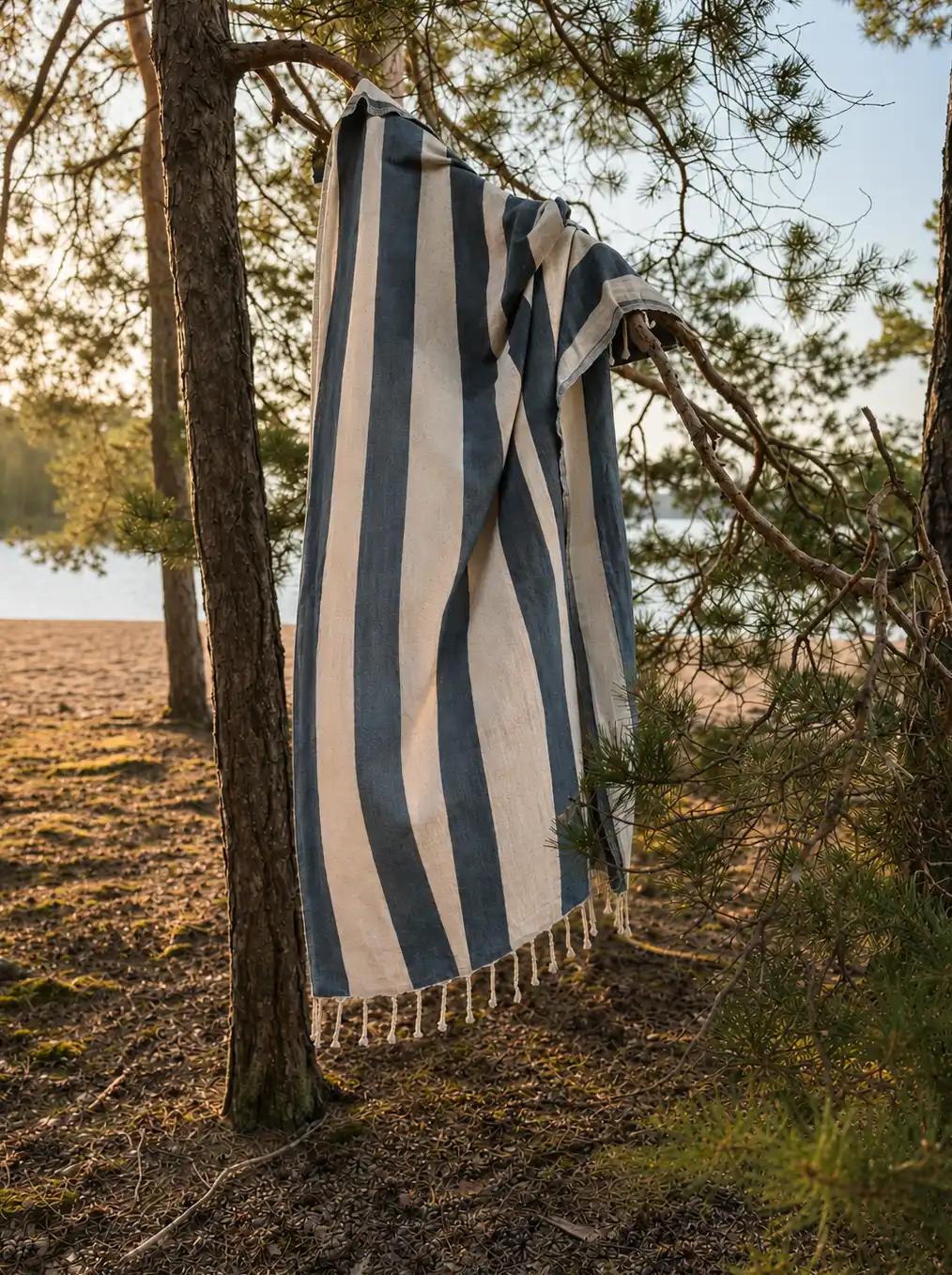 Hawuro fouta-pyyhe roikkumassa männyn oksalla auringonlaskussa